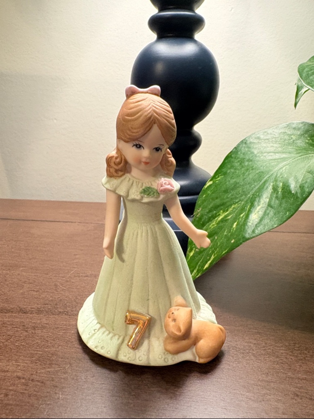 Growing Up Girl Figurine with Kitten and Gold '7' Accent - Pale Green Dress